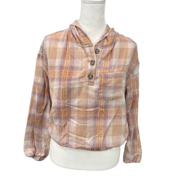 Wallflower Jackets & Blazers - Wallflower Retro Vintage Wash Brown Plaid Hooded Pullover Top Sz S